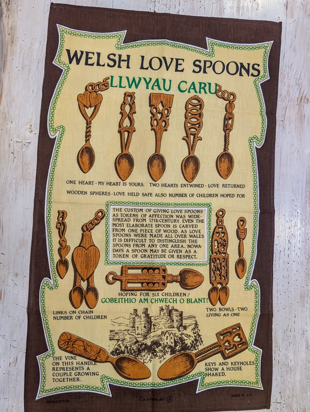 Vintage Welsh Love Spoons Tea Towel By Causeway EUC